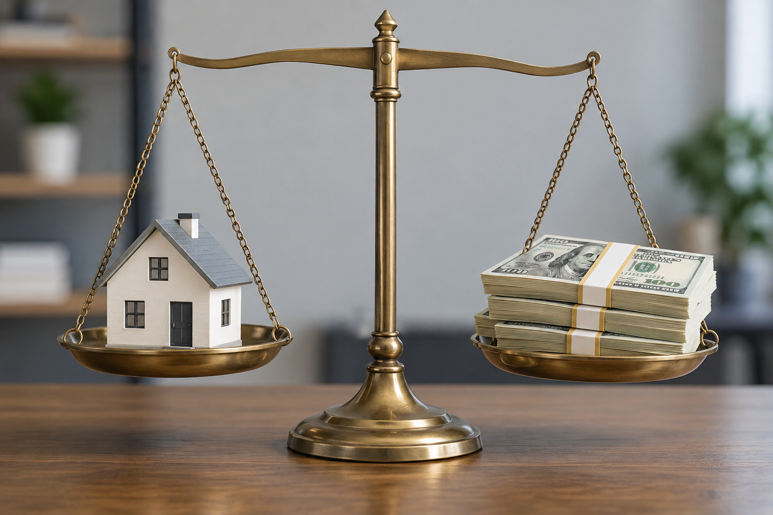 A model house and money on a scale demonstrating the upside of renting
